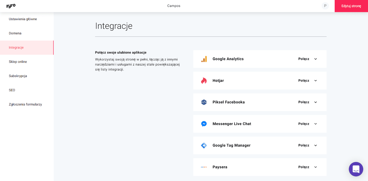 Integracje w kreatorze Zyro